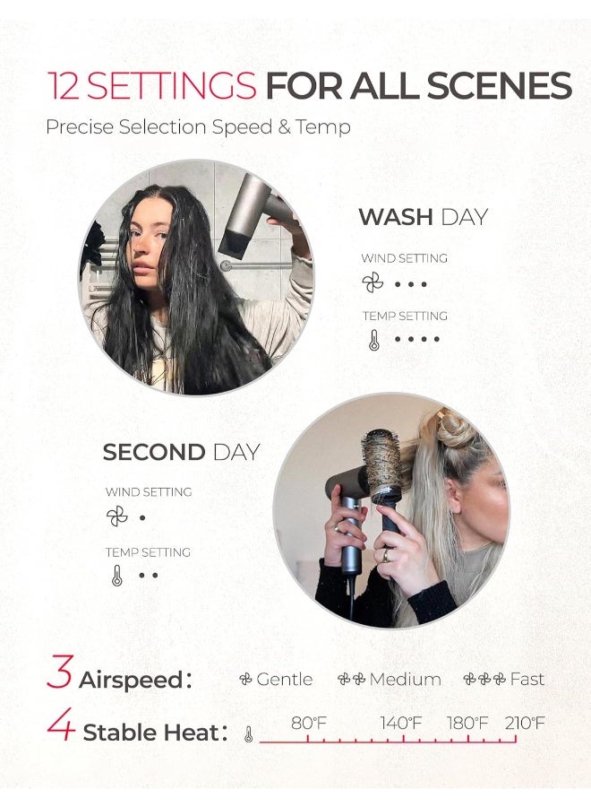 TYMO مجفف شعر أيوني - مجفف شعر بقوة 100 مليون أيون سالب و 23م/ث قوة هواء قوية، خفيف جداً بوزن 380غ فقط، محرك بدون فرشاة بسرعة 110,000 دورة في الدقيقة، 12 وضعية مدمجة، للاستخدام المنزلي والسفر، AIRHYPE LITE - Image 5